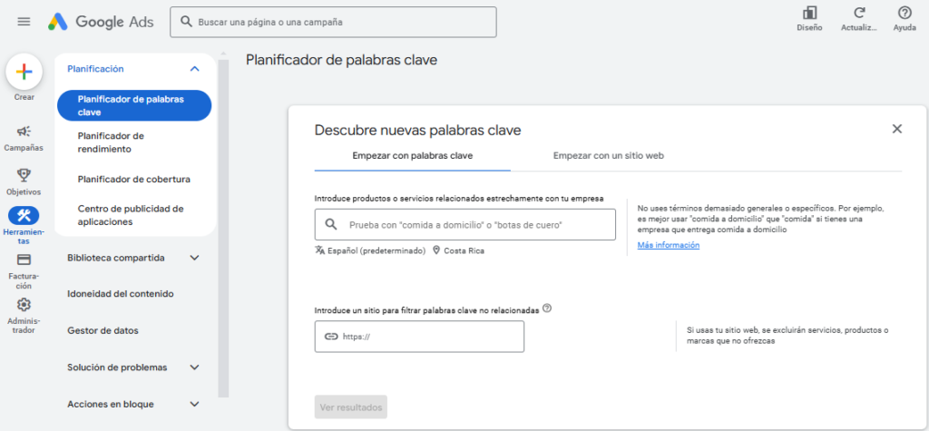 Planificador de palabras clave